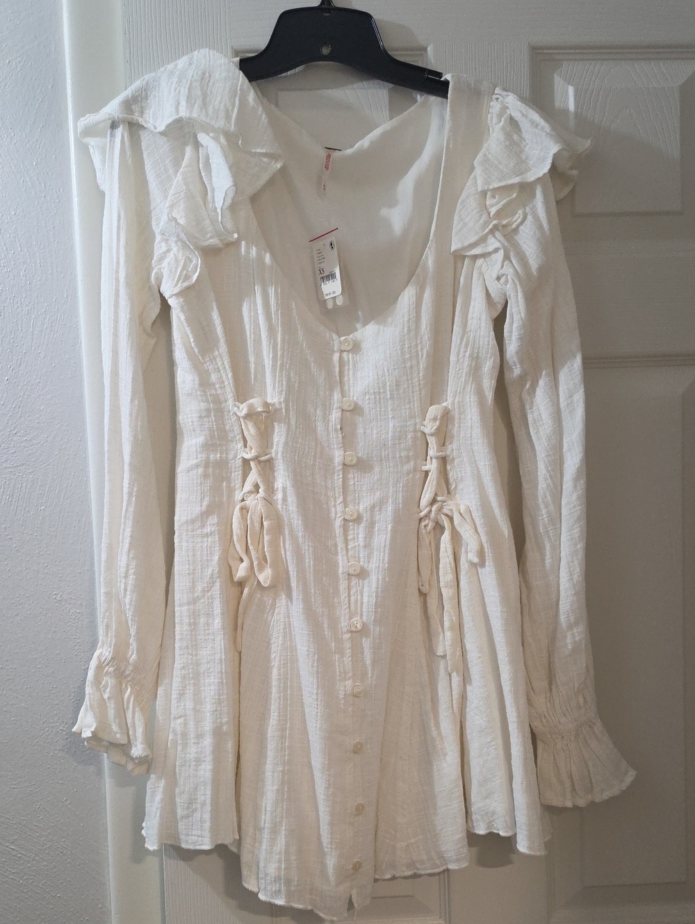 Free People Cream Ruffled Button-Front Long Sleeve Dress